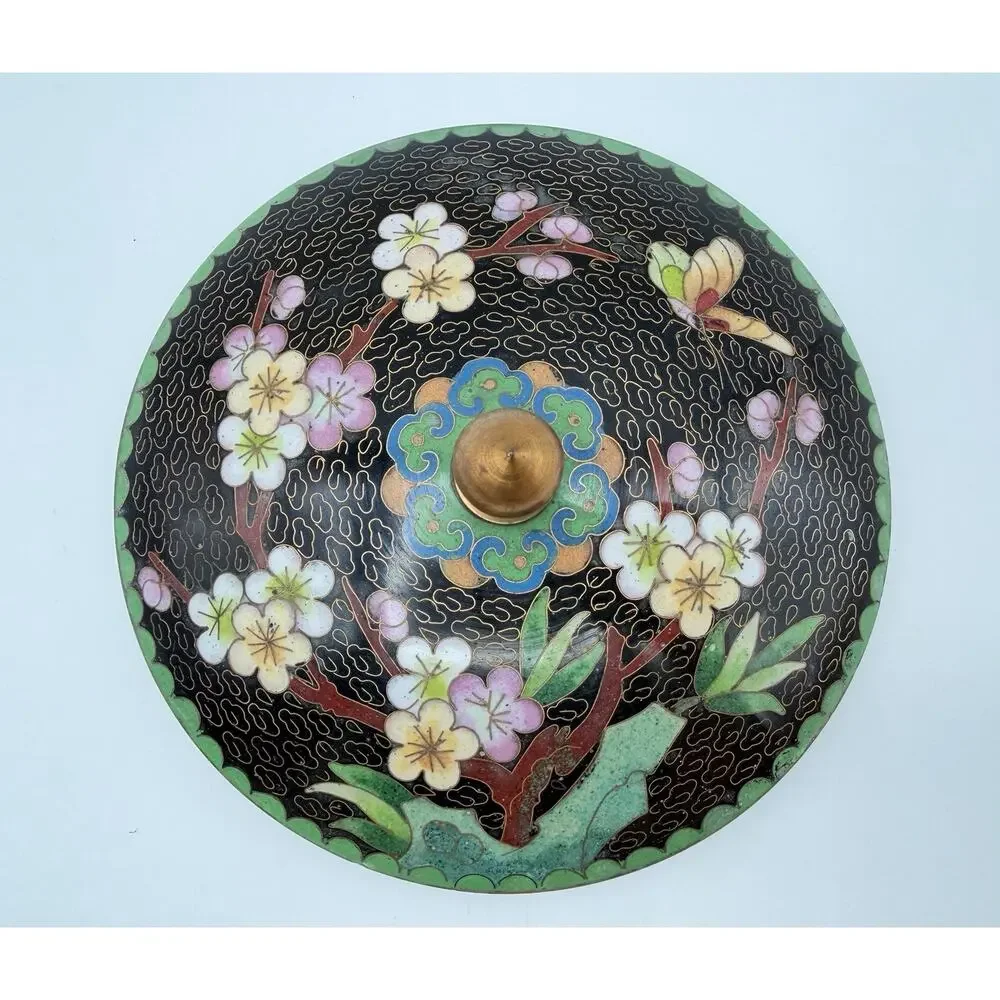 Chinese Cloisonné Lidded Bowl Hand Painted Enamel Flowers & Butterflies Vintage